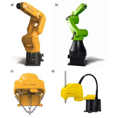 Rysunek 3: Podstawowe konstrukcje robotów przemysłowych, a) antropomorficzny FANUC LR Mate 200iD; b) współpracujący FANUC CR-35iA, c) typu delta FANUC M1iA, d) SCARA FANUC SR -3iA
