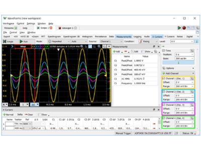 Widok wirtualnego interfejsu w oprogramowaniu WaveForms