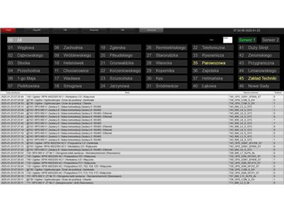 Ekran monitoringu i diagnostyki systemu, pokazujący listę zdarzeń i statusów technicznych w podziale na lokalizacje oraz szczegółowe dane zmiennych systemowych.  Ekran monitoringu i diagnostyki systemu, pokazujący listę zdarzeń i statusów technicznych w podziale na lokalizacje oraz szczegółowe dane zmiennych systemowych.