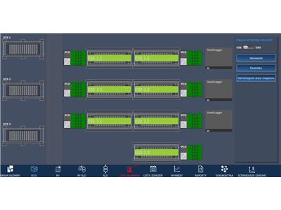 Ekran systemu EMS przedstawiający podgląd i status pracy trzech sekcji magazynów energii (ESS) wraz z konwerterami mocy (PCS) w trybie on-grid. Ekran systemu EMS przedstawiający podgląd i status pracy trzech sekcji magazynów energii (ESS) wraz z konwerterami mocy (PCS) w trybie on-grid.