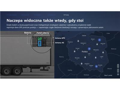 Zasilanie bateryjne i panel solarny umożliwiają monitorowanie naczepy także podczas postoju. Zasilanie bateryjne i panel solarny umożliwiają monitorowanie naczepy także podczas postoju.
