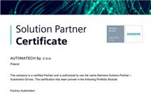 Certyfikat SOLUTION PARTNER SIEMENS dla AUTOMATECH