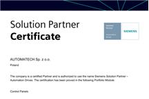 Nowy Certyfikat dla AUTOMATECH: SOLUTION PARTNER AUTOMATION DRIVES - CONTROL PANELS